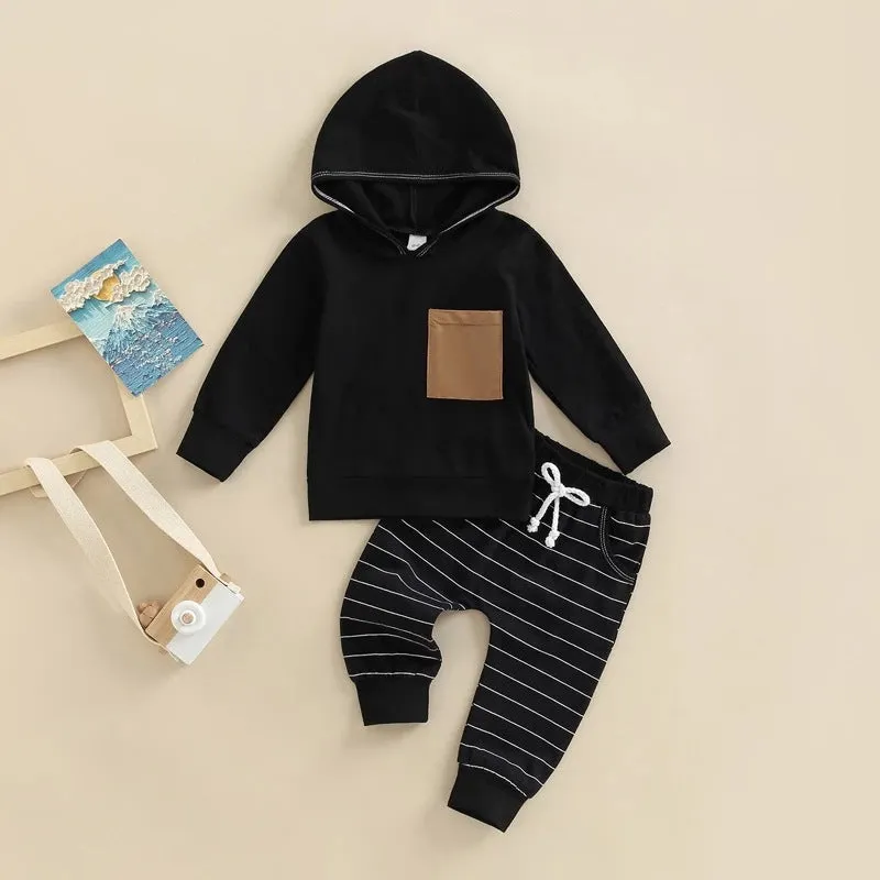 2022 Toddler Kids Boys Solid Color Pocket Hooded Sweatshirt Striped Pants Set