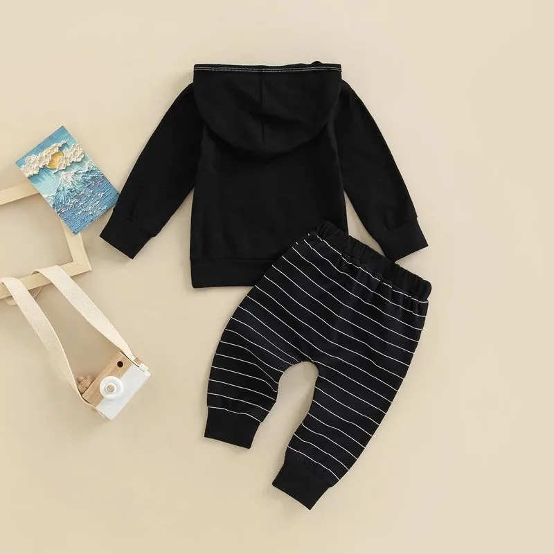 2022 Toddler Kids Boys Solid Color Pocket Hooded Sweatshirt Striped Pants Set