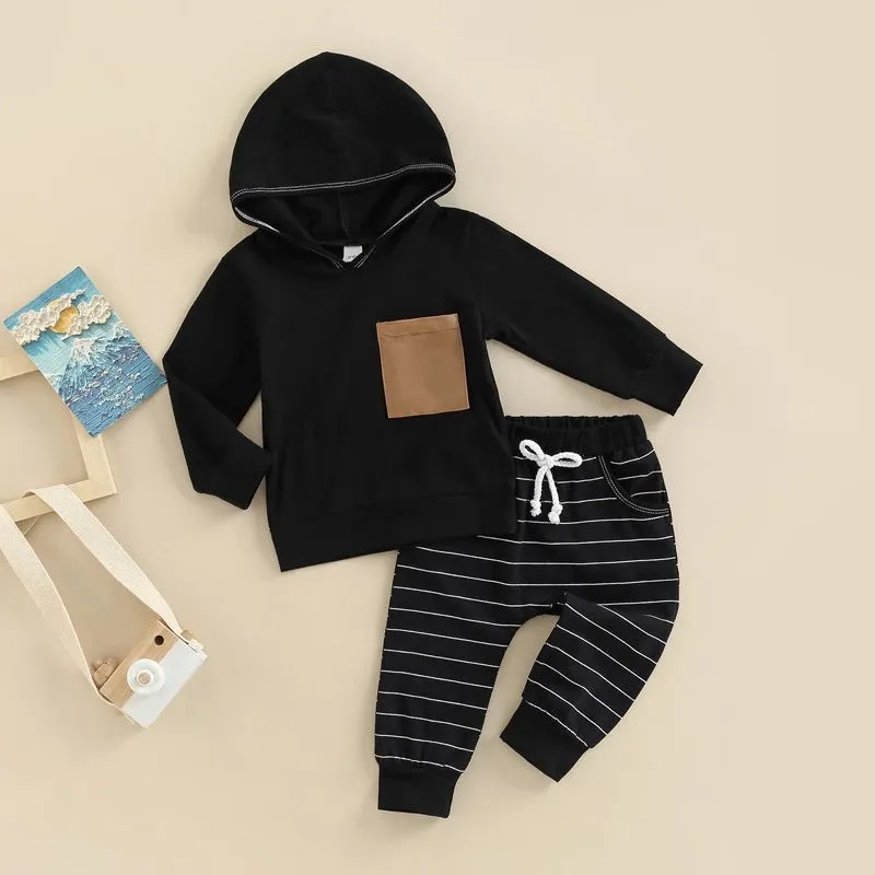 2022 Toddler Kids Boys Solid Color Pocket Hooded Sweatshirt Striped Pants Set