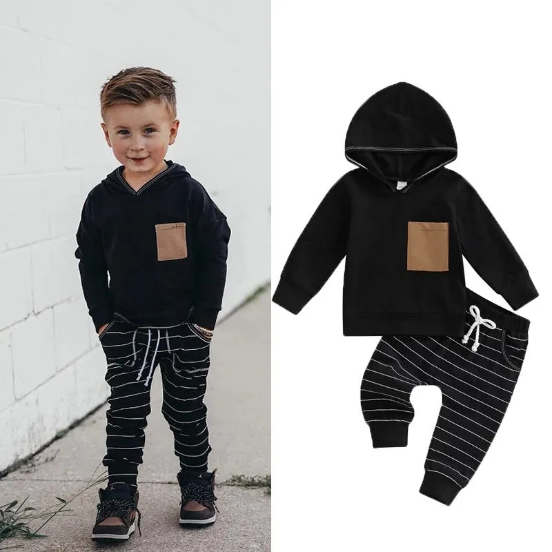 2022 Toddler Kids Boys Solid Color Pocket Hooded Sweatshirt Striped Pants Set