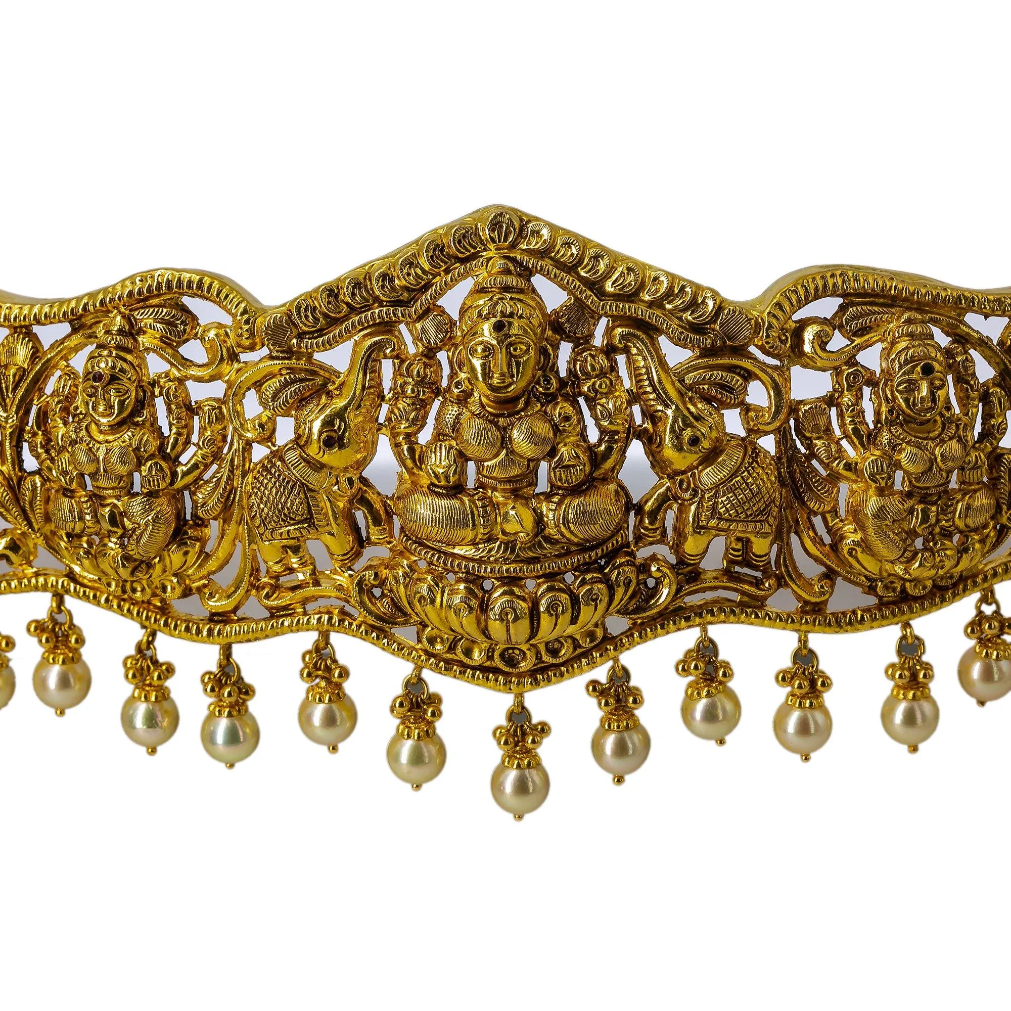 22K Yellow Gold Antique Laxmi Vaddanam Waist Belt W/ Rubies, Hanging Pearls & Detachable Centerpiece