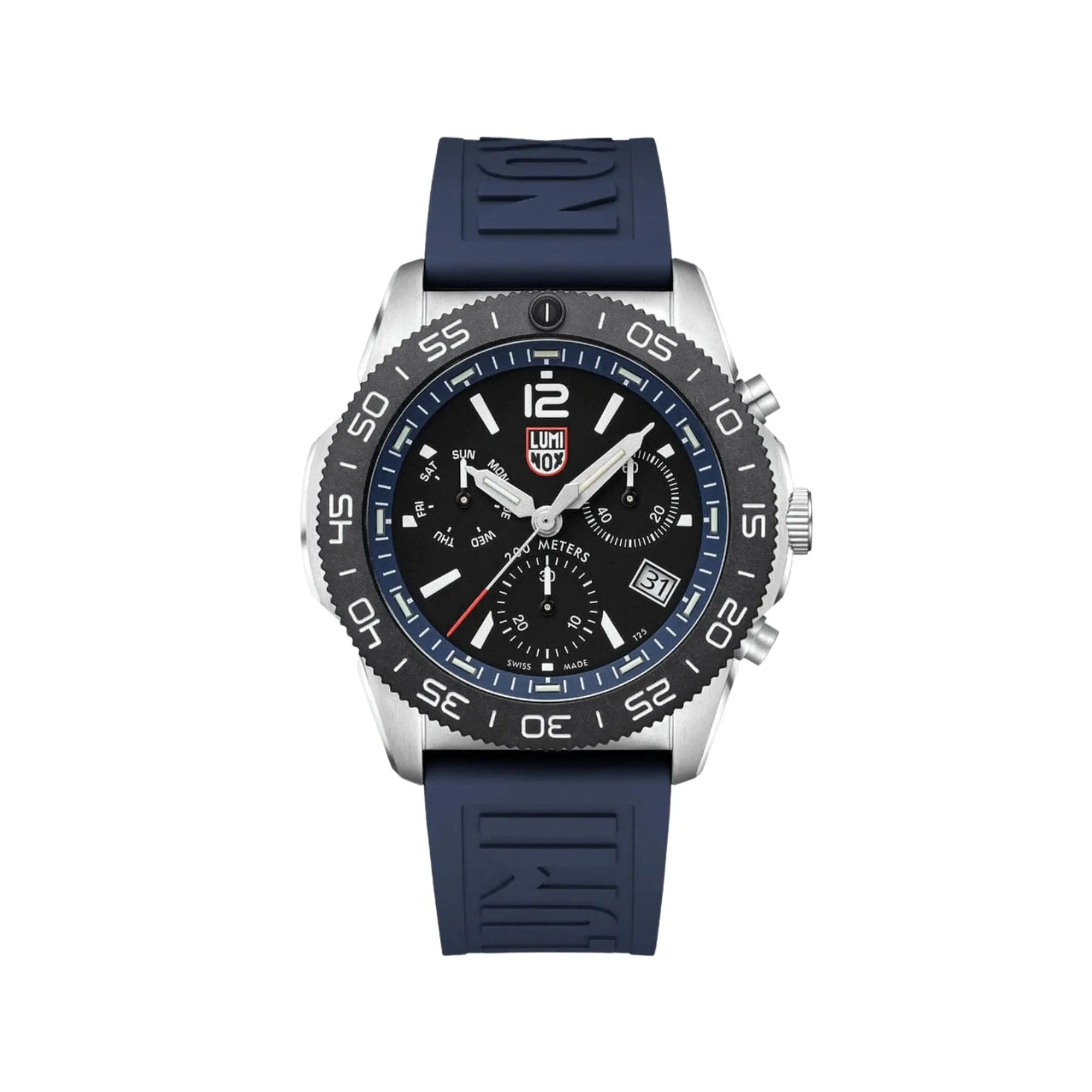 44MM LUMINOX PACIFIC DIVER QUARTZ CHRONOGRAPH WATCH WITH DATE DIAL AND BLUE RUBBER STRAP