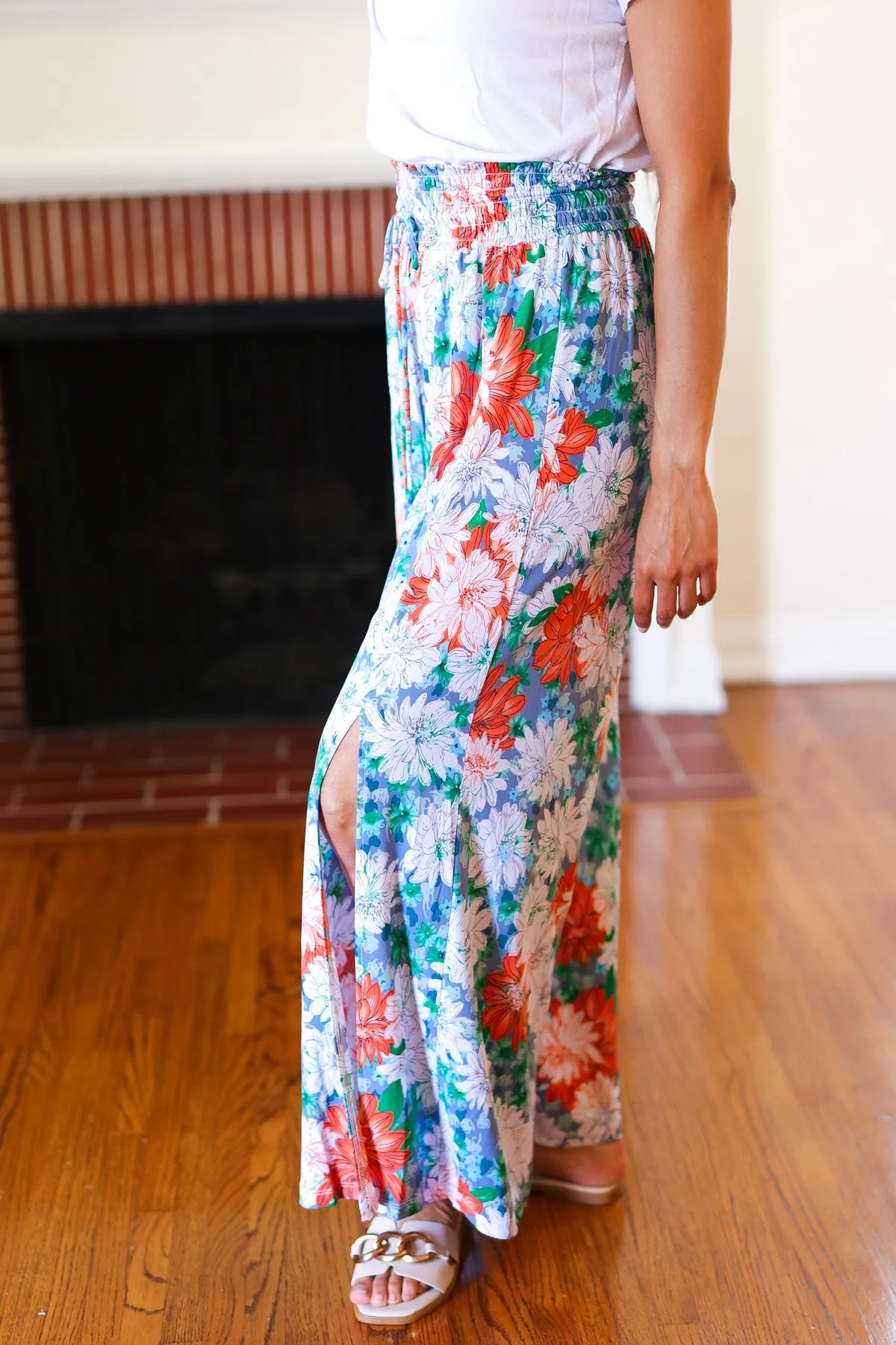 And The Why Vacay Vibes Green Floral Smocked Waist Side Slit Palazzo Pants