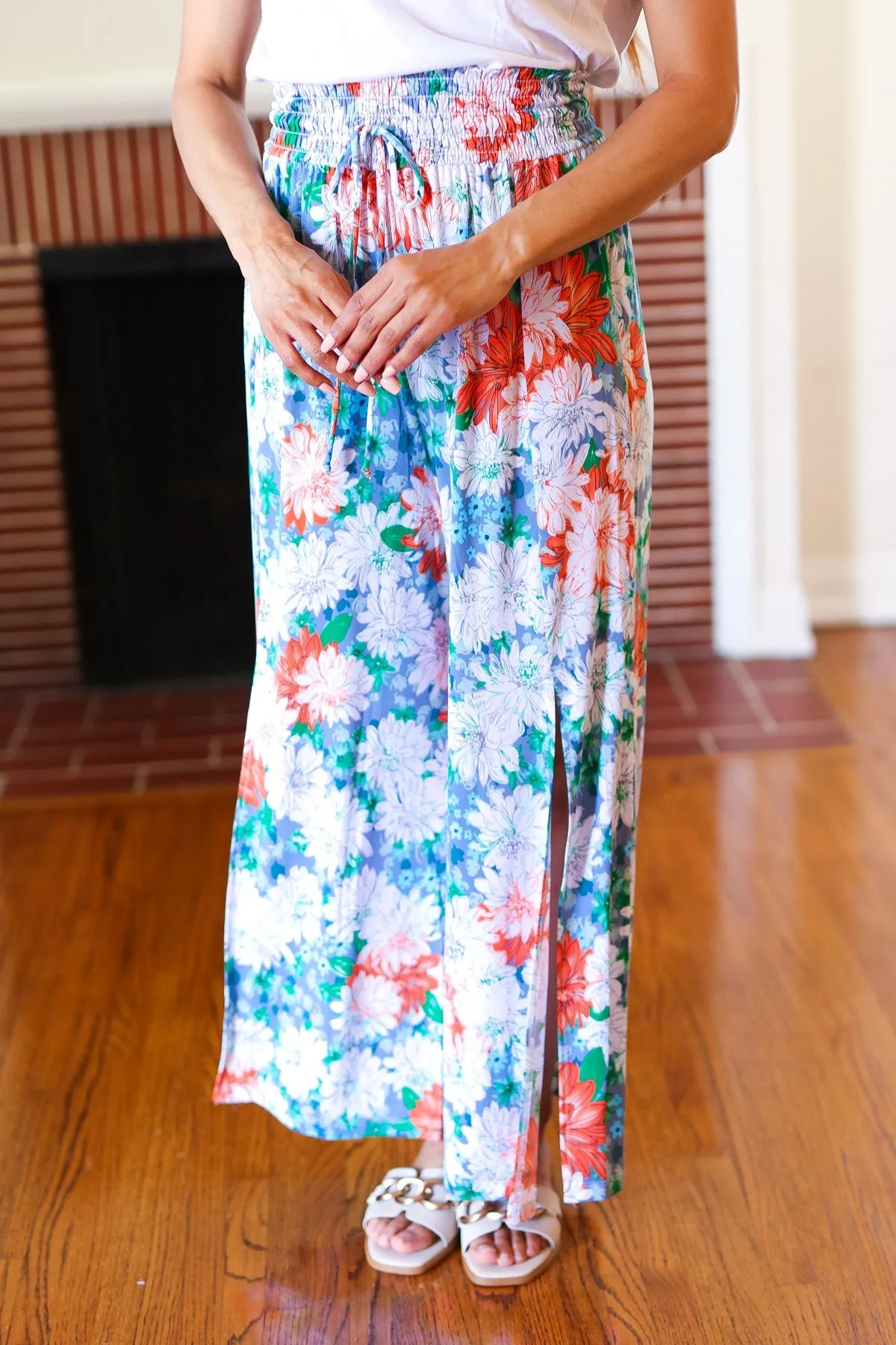 And The Why Vacay Vibes Green Floral Smocked Waist Side Slit Palazzo Pants