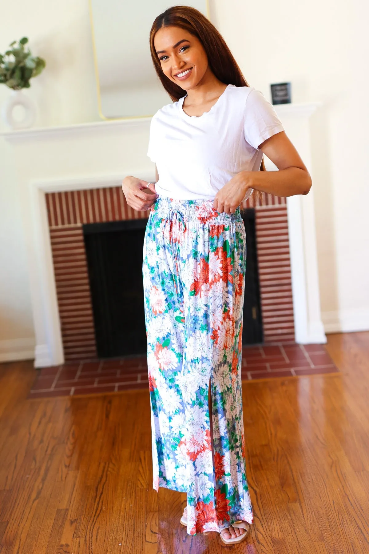 And The Why Vacay Vibes Green Floral Smocked Waist Side Slit Palazzo Pants