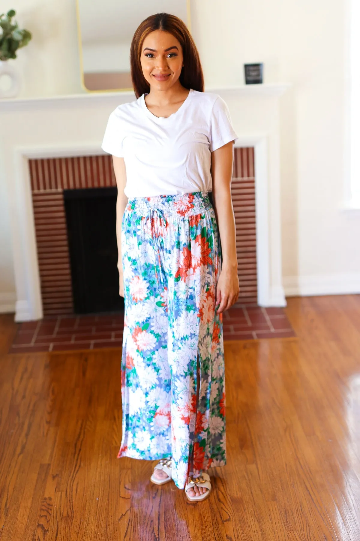 And The Why Vacay Vibes Green Floral Smocked Waist Side Slit Palazzo Pants