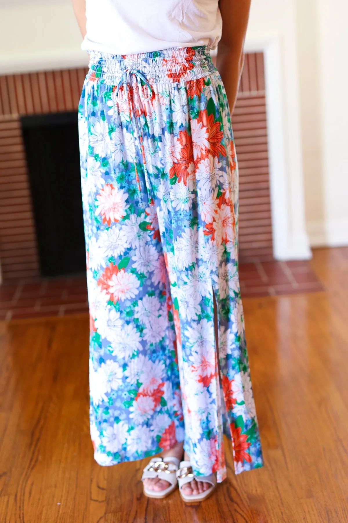 And The Why Vacay Vibes Green Floral Smocked Waist Side Slit Palazzo Pants