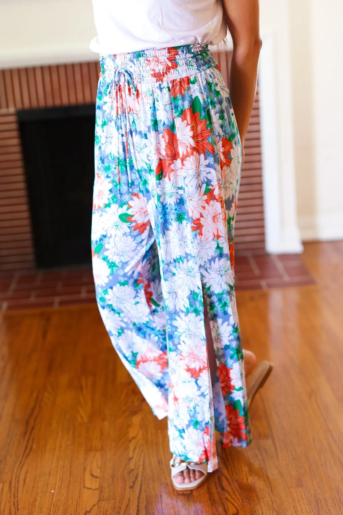 And The Why Vacay Vibes Green Floral Smocked Waist Side Slit Palazzo Pants