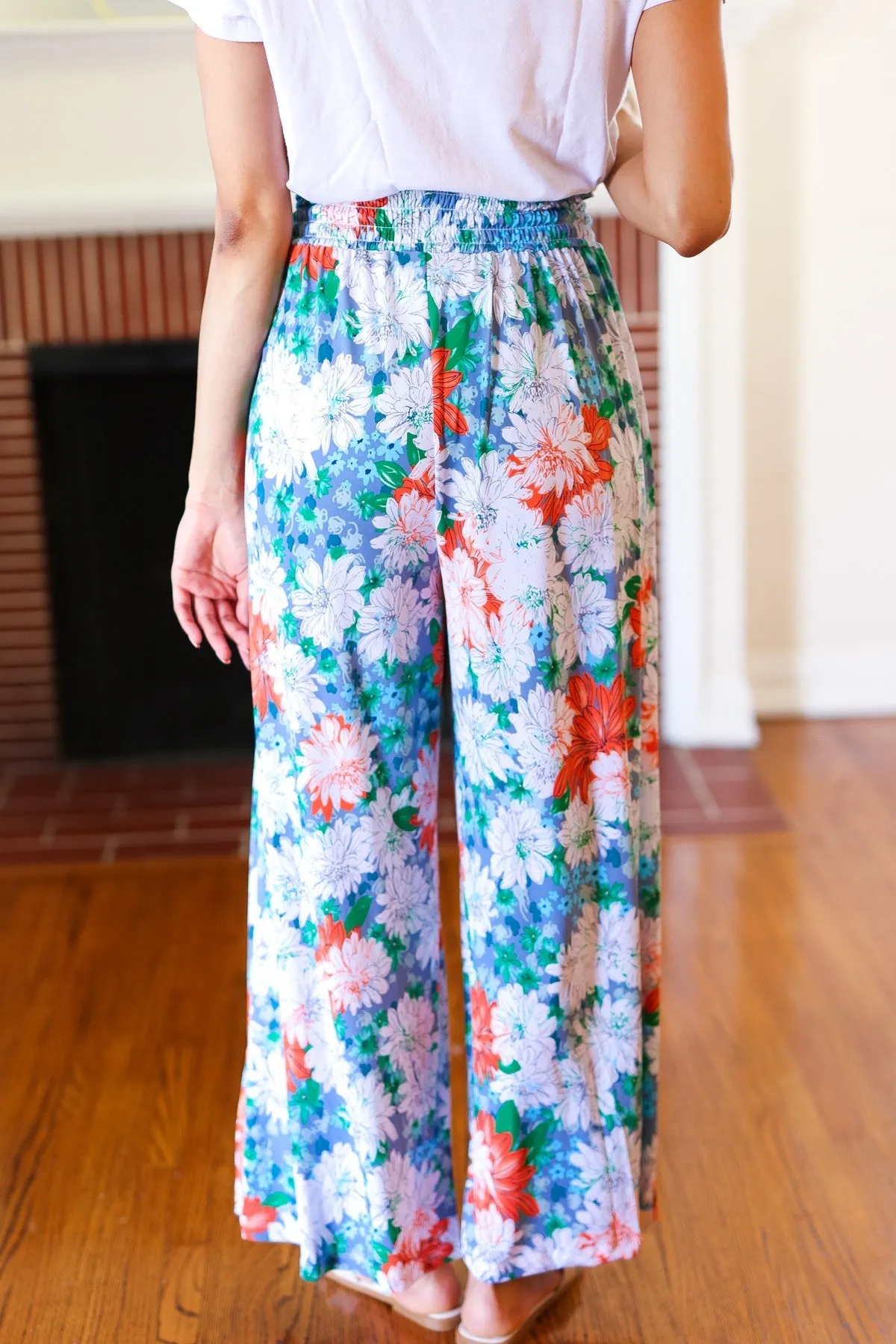 And The Why Vacay Vibes Green Floral Smocked Waist Side Slit Palazzo Pants