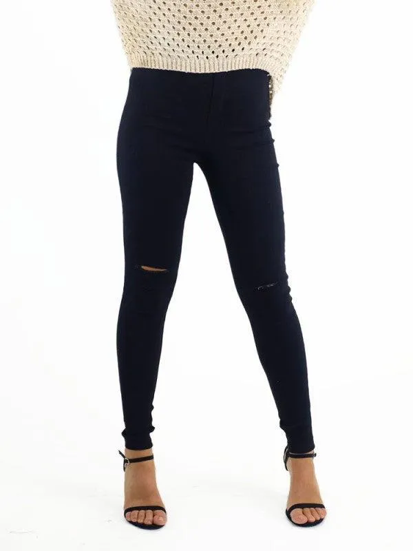 Ava Jegging High Waisted with Knee Rip - Black