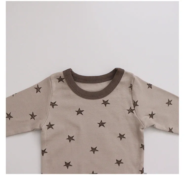 Baby Solid Color Cute Stars Printed Long-sleeved Pants Hat Pajamas Three Sets