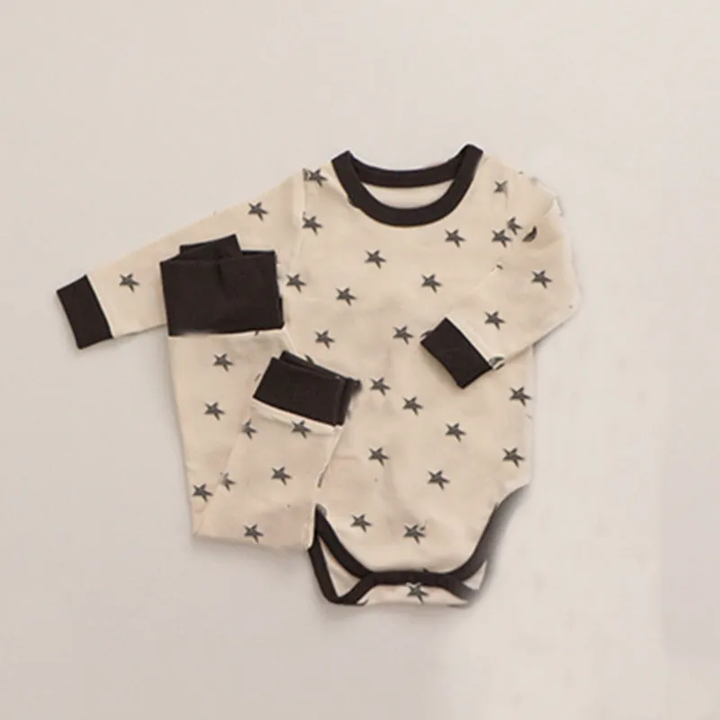 Baby Solid Color Cute Stars Printed Long-sleeved Pants Hat Pajamas Three Sets