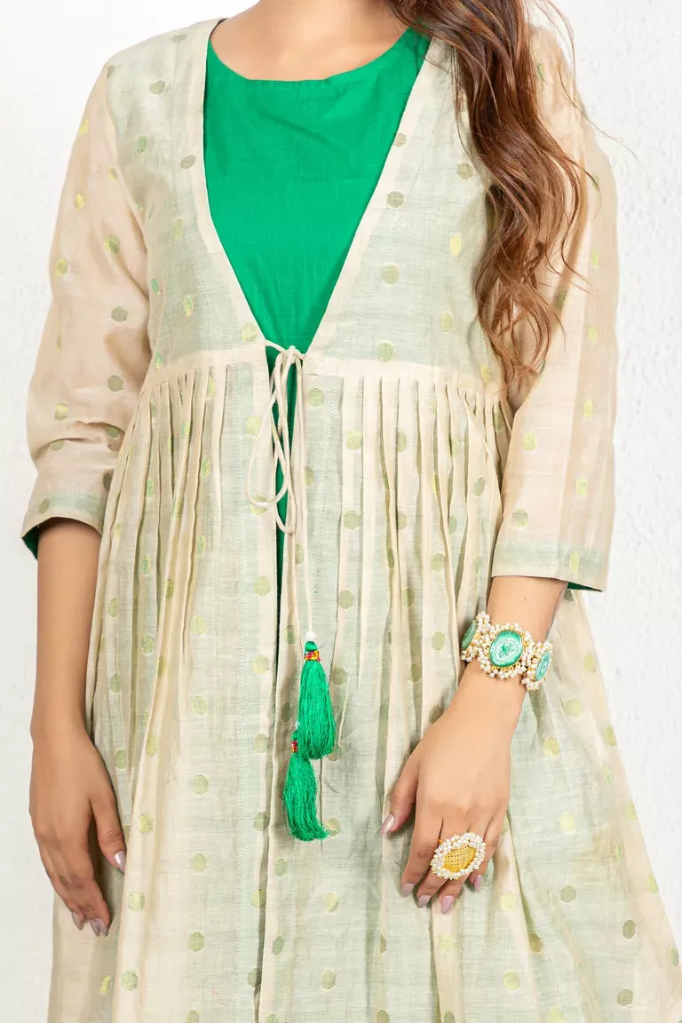 Beige & Deep Green Chanderi & Cotton Flax Kurta