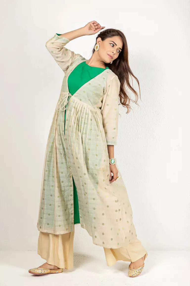 Beige & Deep Green Chanderi & Cotton Flax Kurta