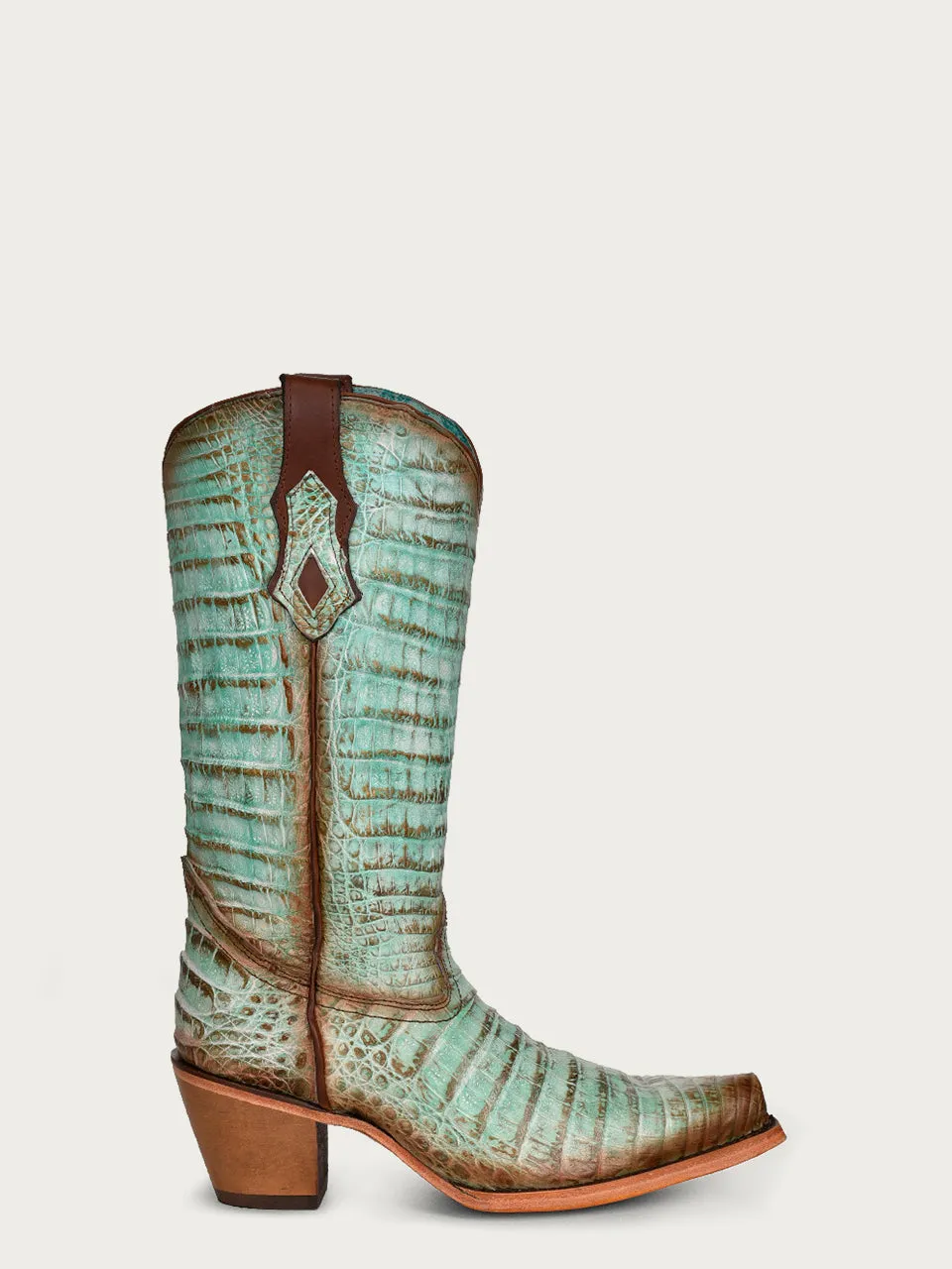 C3998 - WOMEN'S GENUINE FULL FLUORESCENT JADE GREEN CAIMAN SNIP TOE COWBOY BOOT