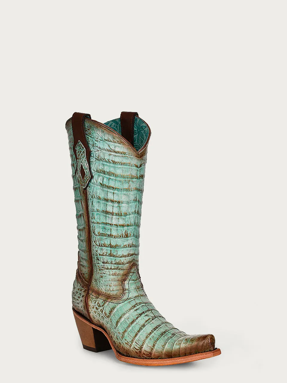 C3998 - WOMEN'S GENUINE FULL FLUORESCENT JADE GREEN CAIMAN SNIP TOE COWBOY BOOT