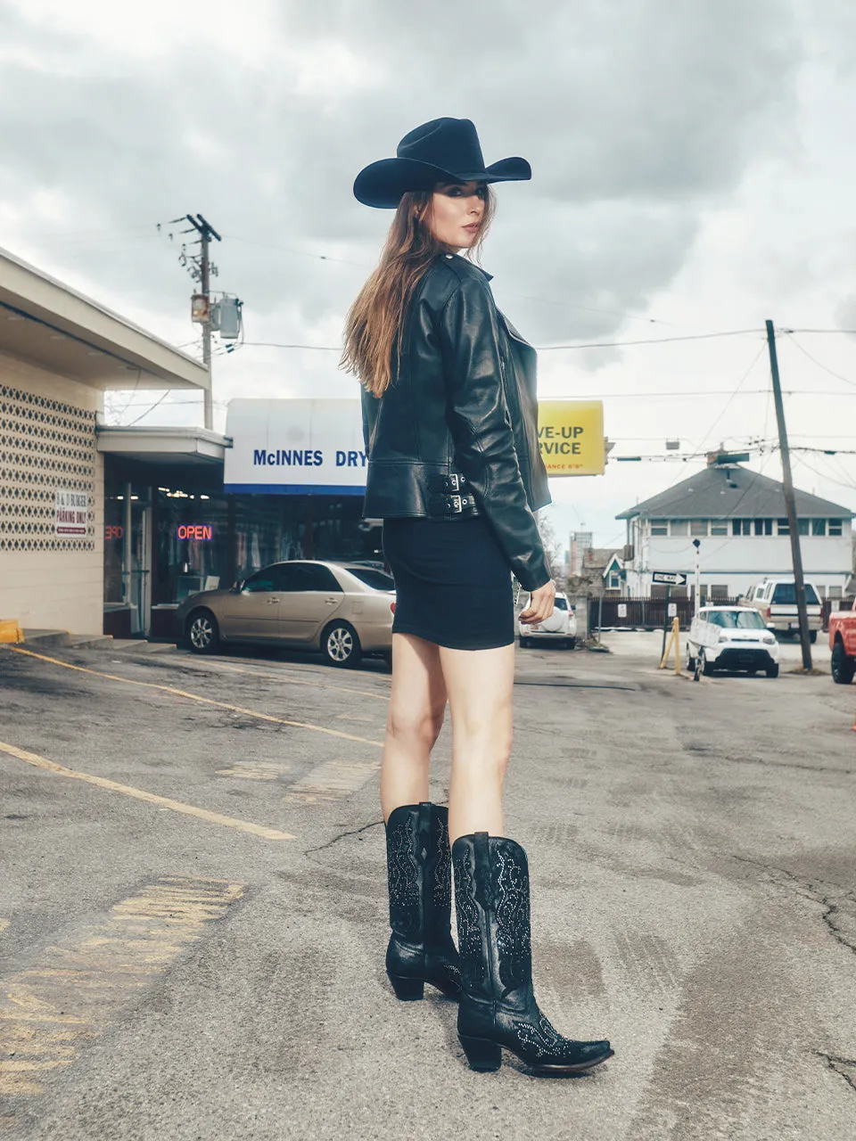 C4100 - WOMEN'S BLACK OVERLAY WITH CRYSTALS TALL TOP SNIP TOE COWBOY BOOT