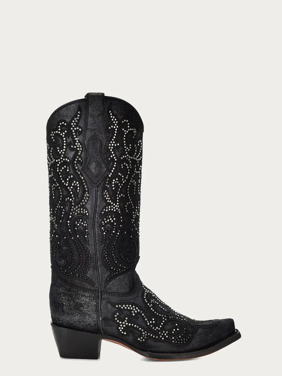 C4100 - WOMEN'S BLACK OVERLAY WITH CRYSTALS TALL TOP SNIP TOE COWBOY BOOT