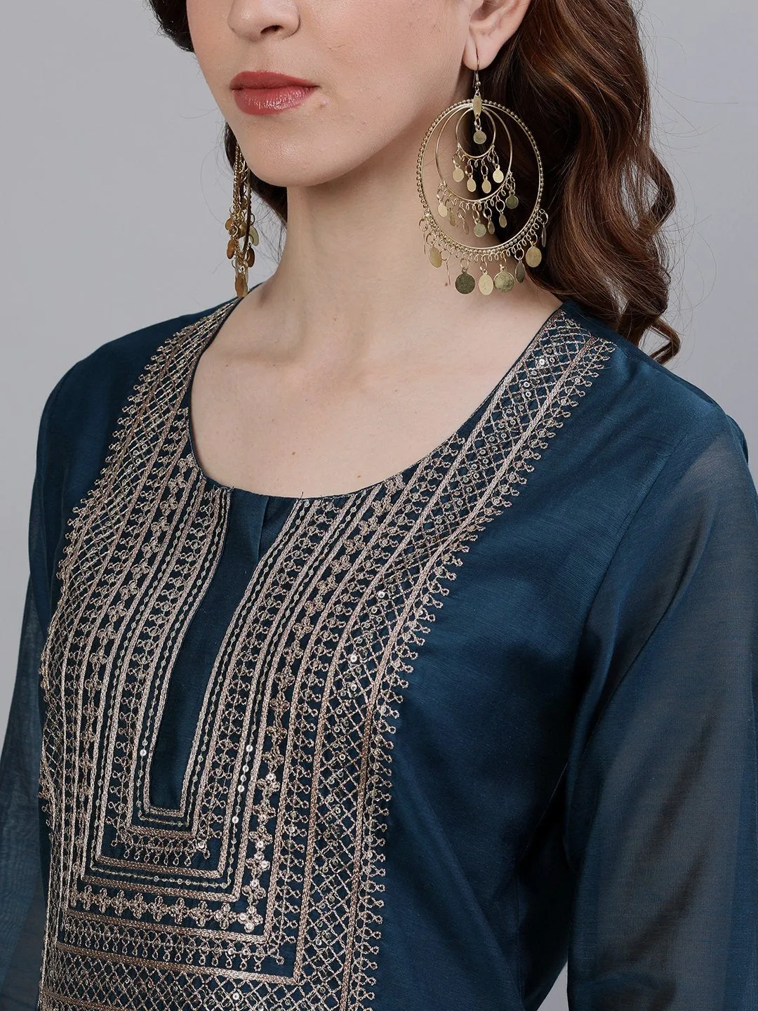 Chanderi Silk Teal Zari Embroidered Kurta Set