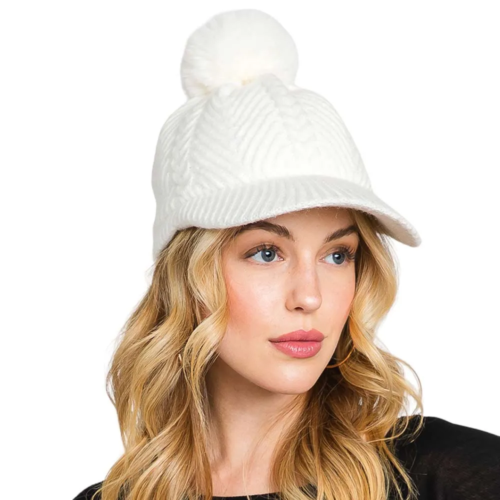 Chevron Patterned Faux Fur Pom Pom Knit Cap