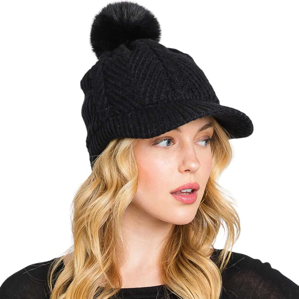 Chevron Patterned Faux Fur Pom Pom Knit Cap