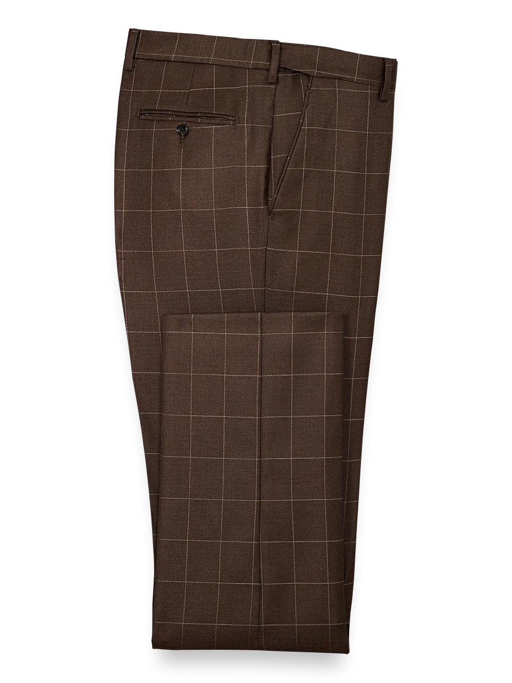 Classic Fit Essential Wool Flat Front Suit Pants - Brown Windowpane