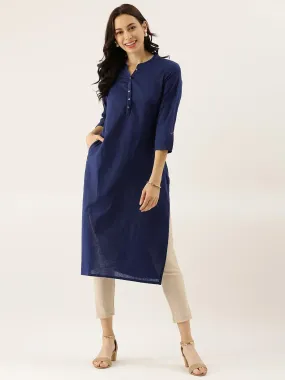 Divena Blue Solid Straight Roll up Sleeve Kurti