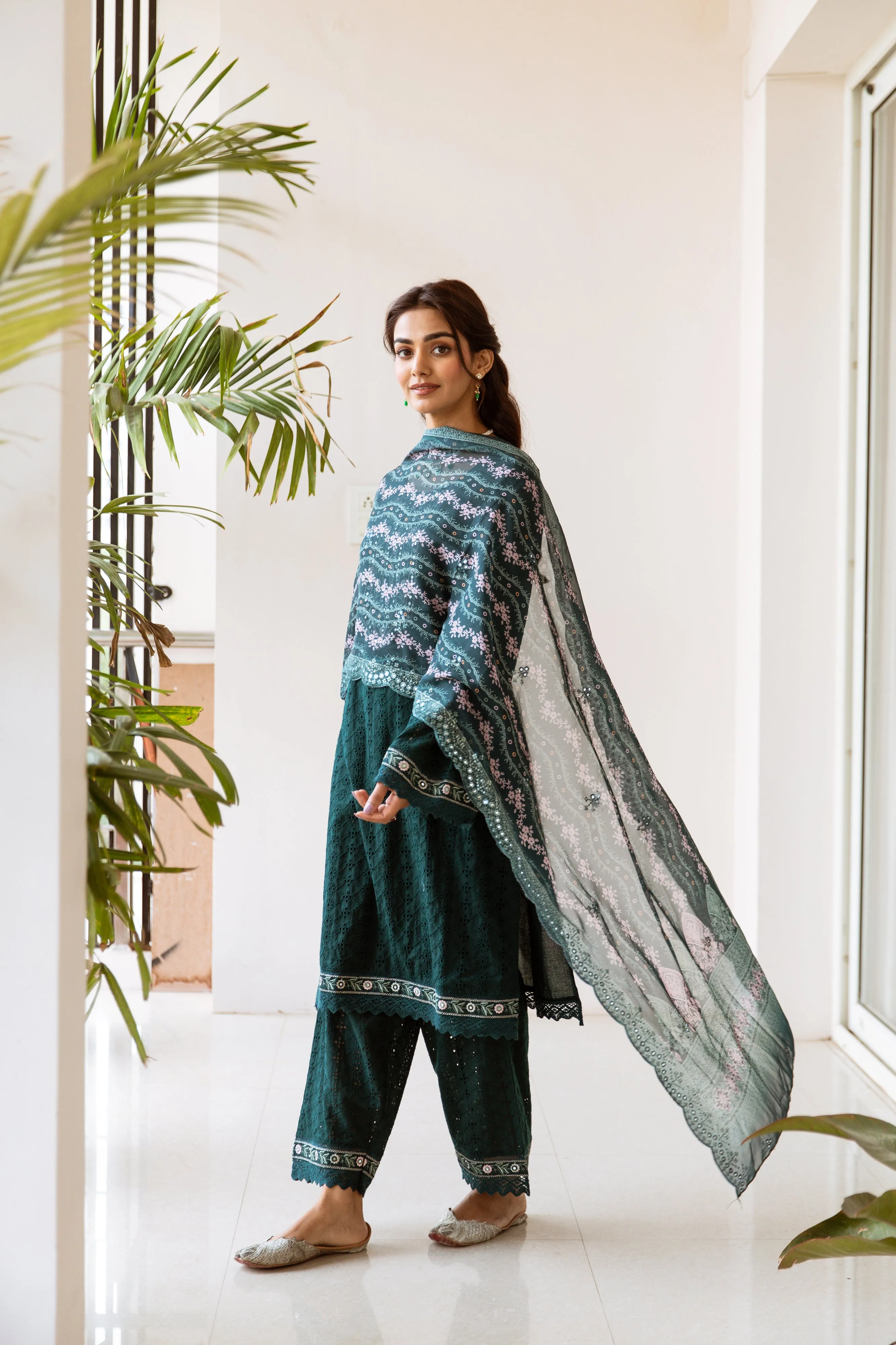 Embellished Yoke Cotton Schiffli Kurta with Lace Hemlined Pants & Art Silk Dupatta