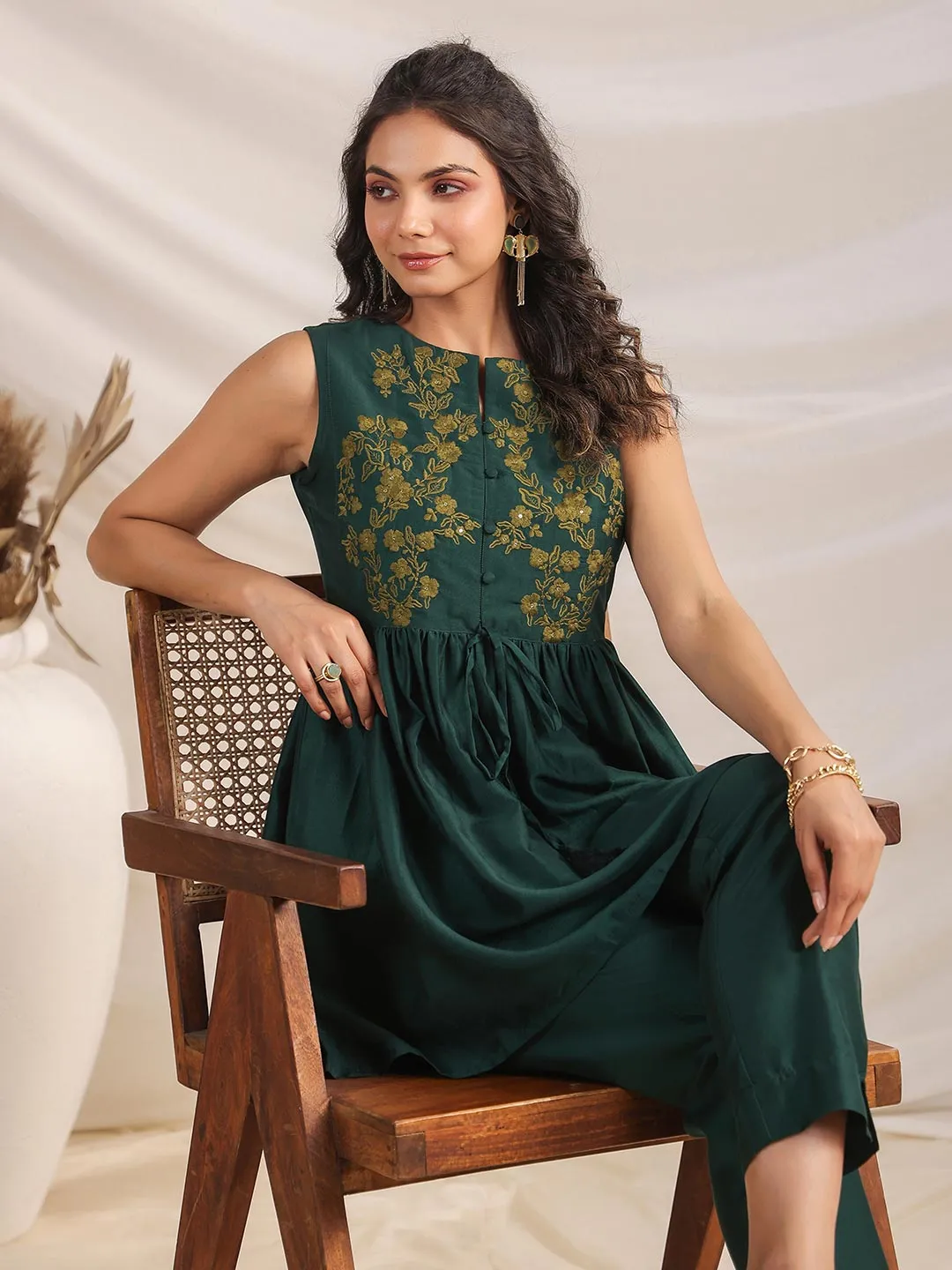 Green Chinnon Yoke Embroidery Co ord Set