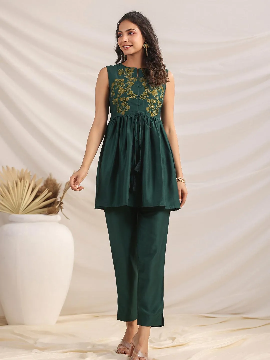 Green Chinnon Yoke Embroidery Co ord Set