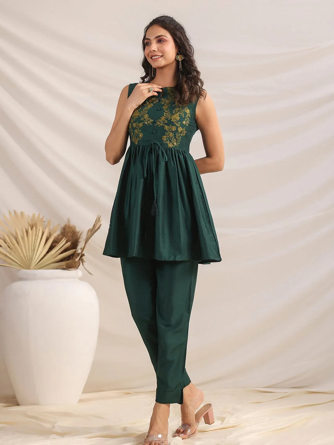 Green Chinnon Yoke Embroidery Co ord Set