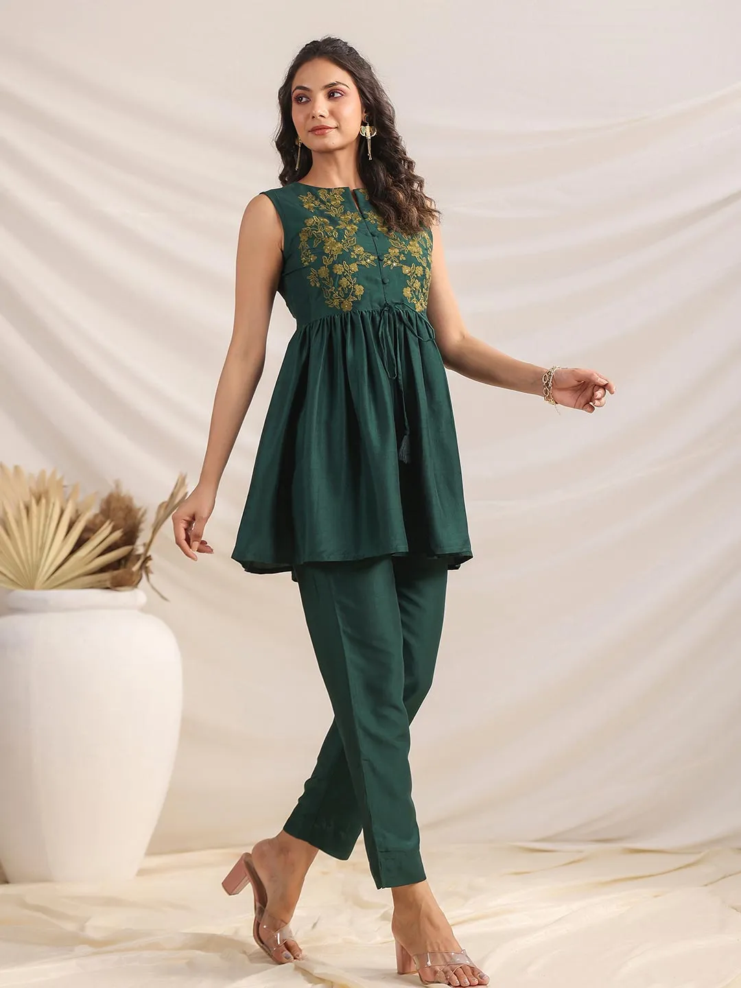 Green Chinnon Yoke Embroidery Co ord Set