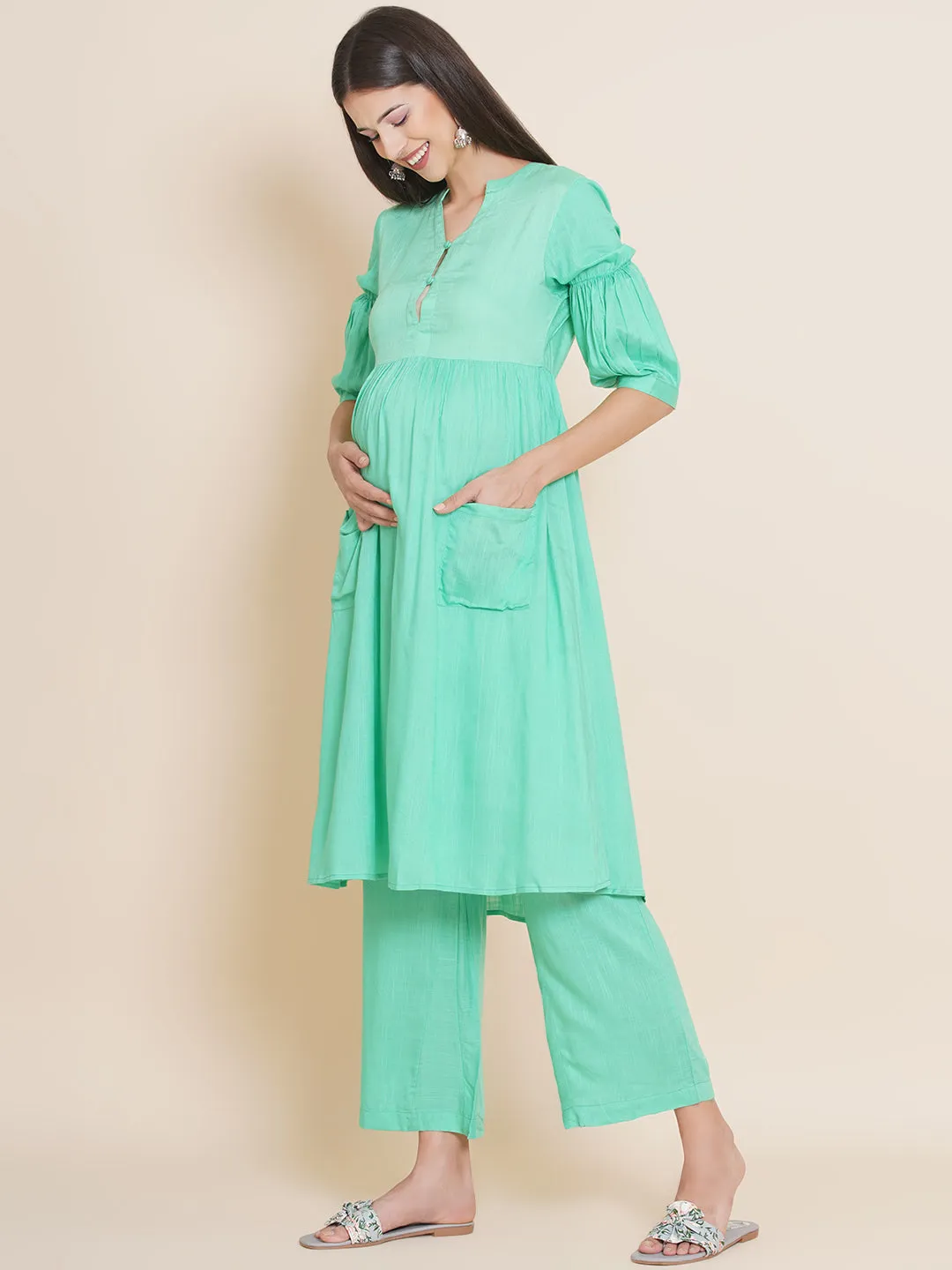 Green Maternity and Nursing Kurta with Palazzo Set