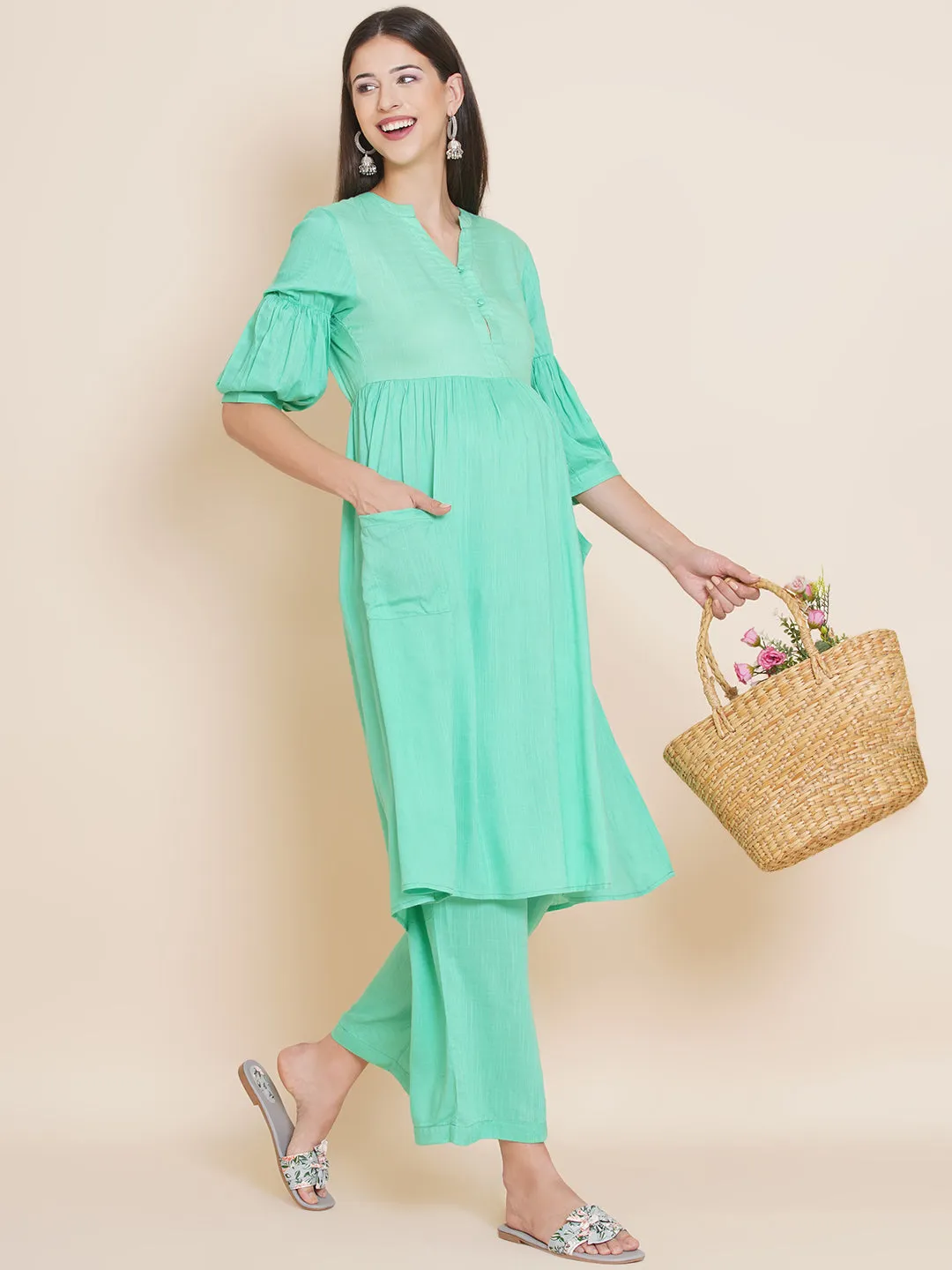 Green Maternity and Nursing Kurta with Palazzo Set