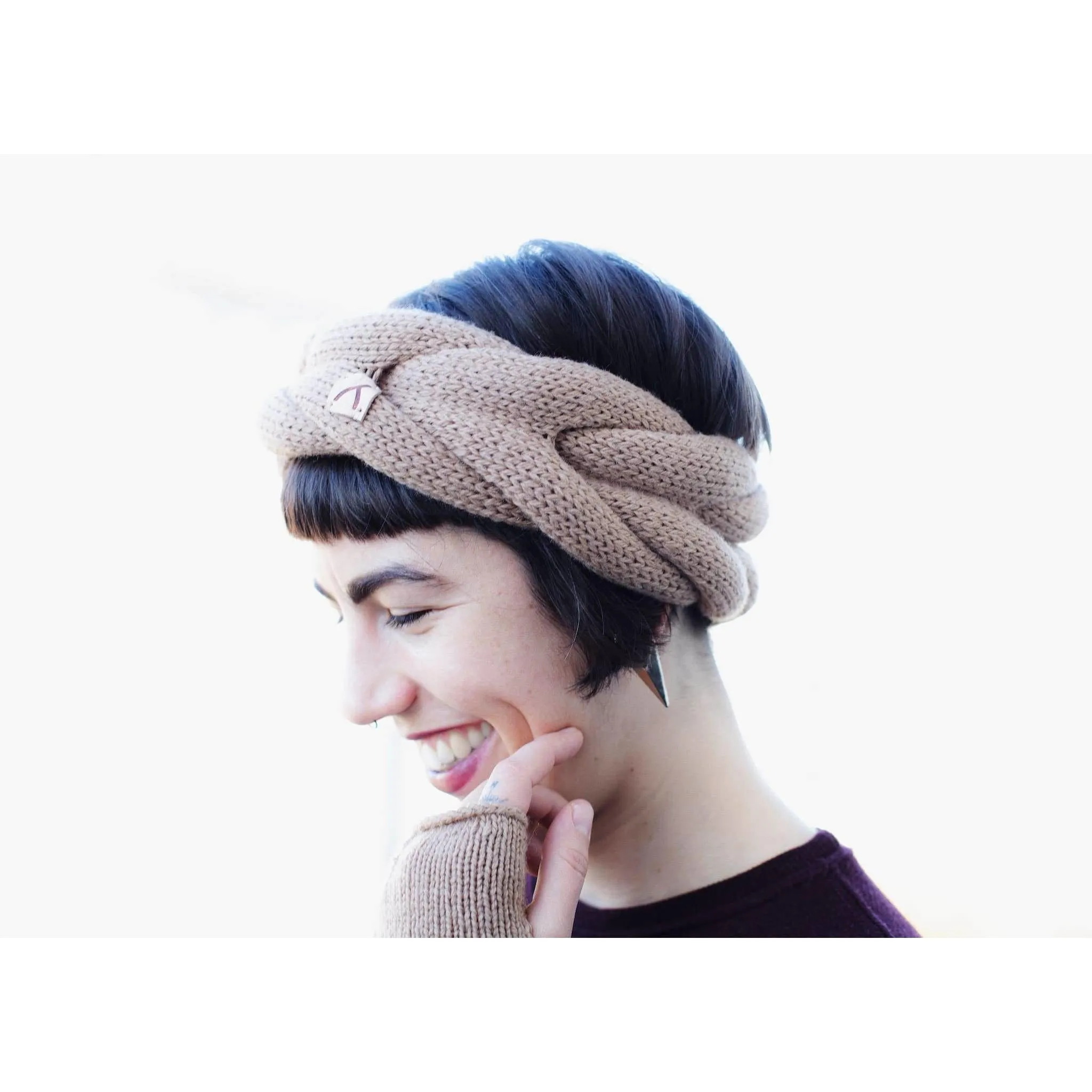 Hand-knitted Wool Headband in Light Brown