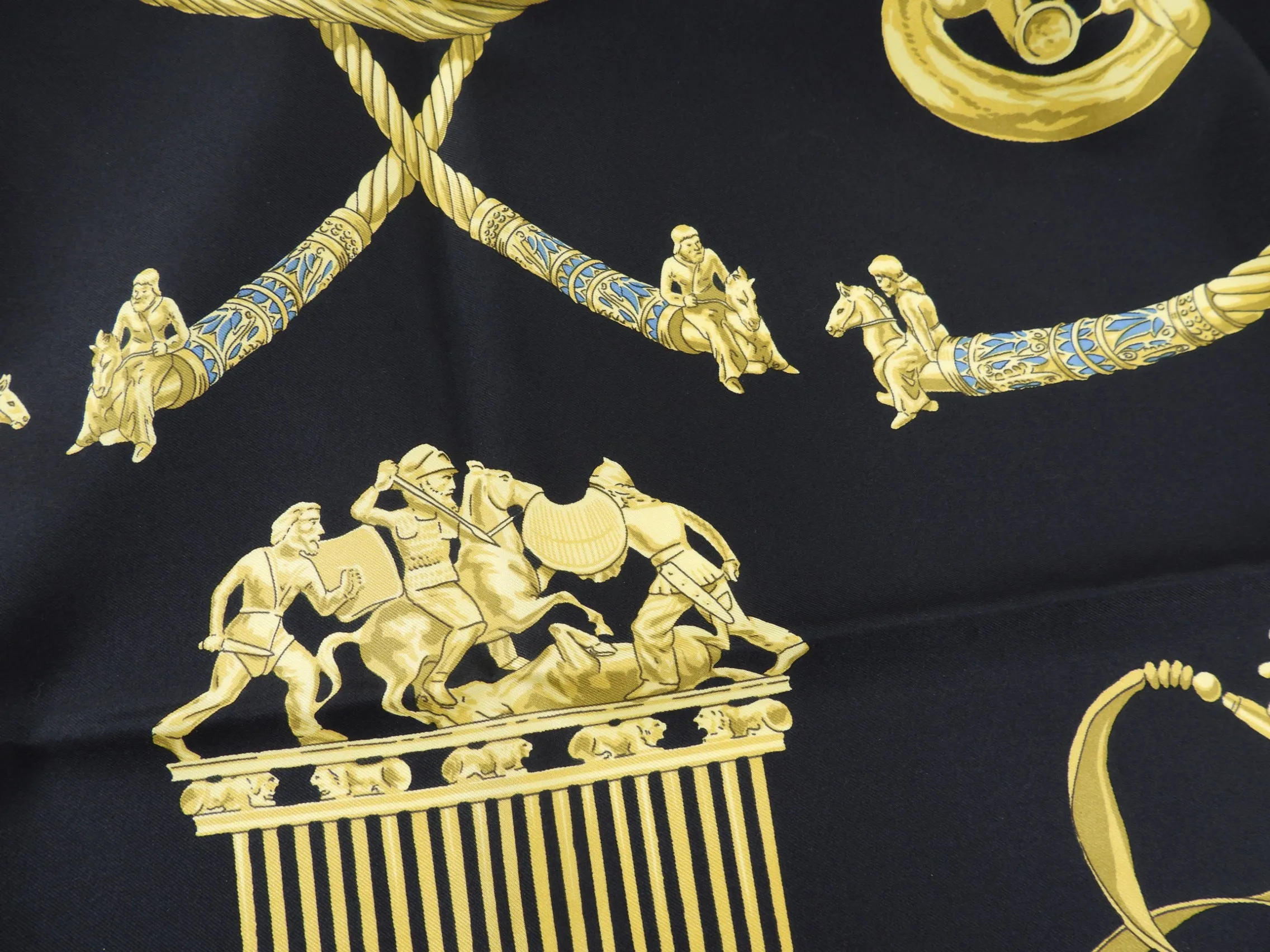 Hermes Vintage 1975 Cavaliers D'Or Black and Gold 90cm Silk Scarf