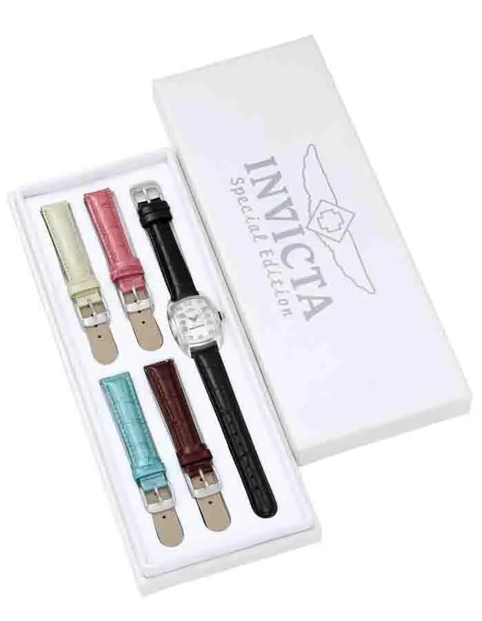 INVICTA Lupah Womens Watch Set -Stainless Steel- Mother of Pearl - Black Leather