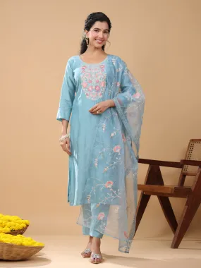 Light Blue Silk Blend Embroidered Kurta Pant Set