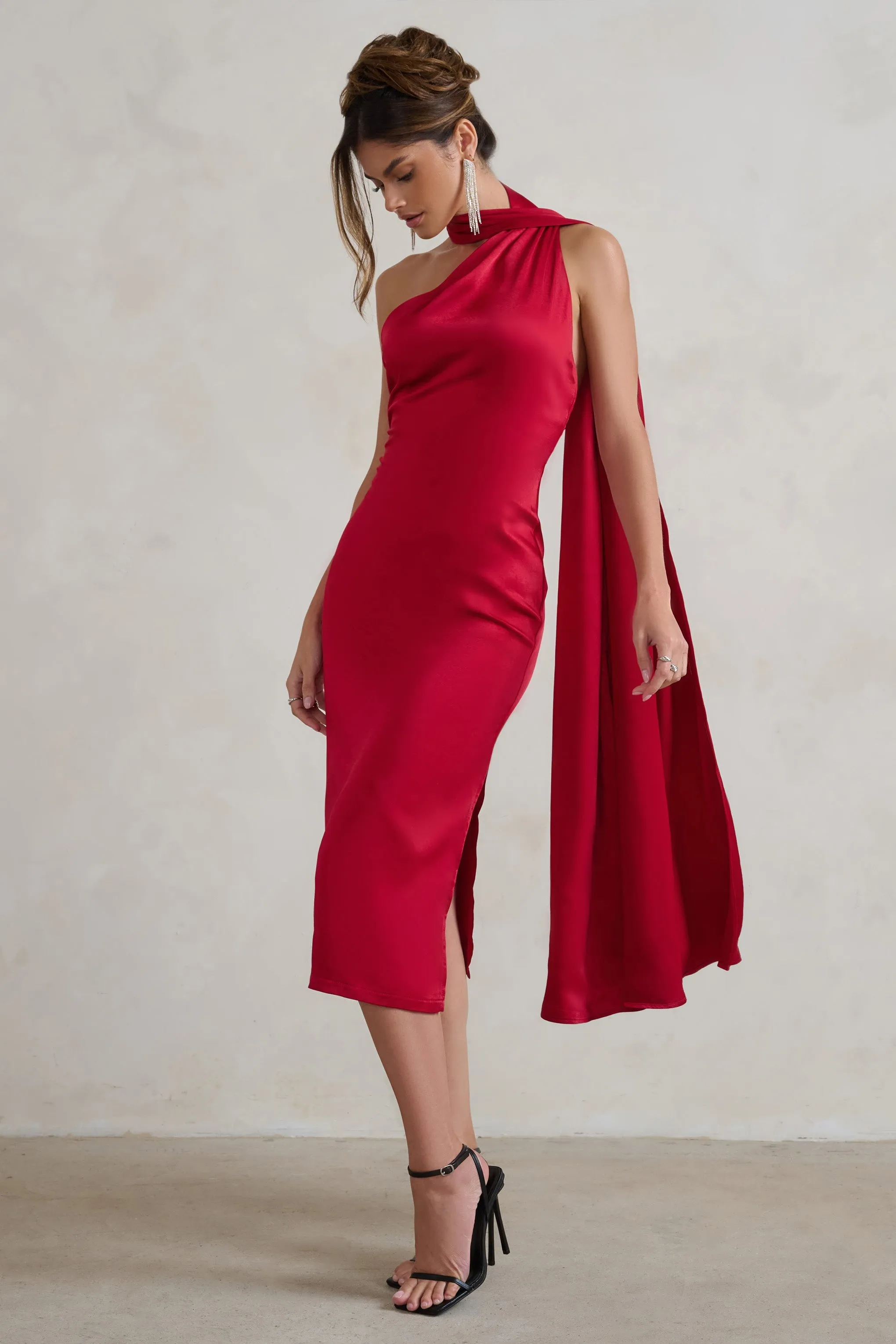 Madame | Berry Red Satin Asymmetric Scarf Neck Backless Midi Dress