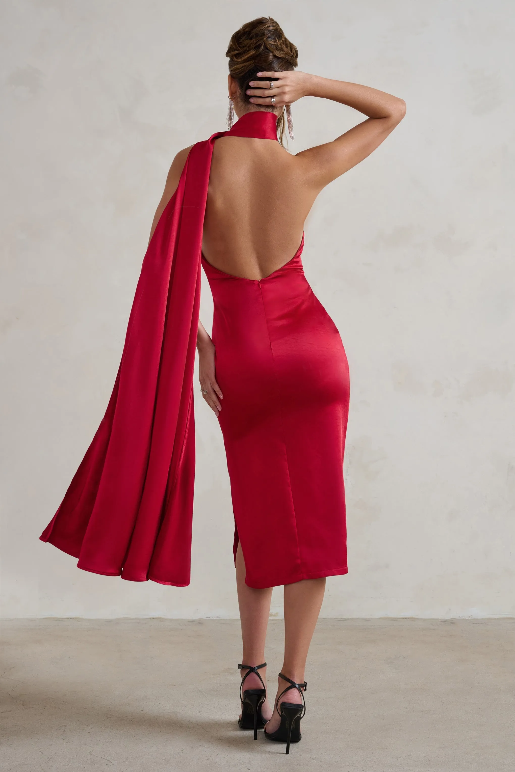 Madame | Berry Red Satin Asymmetric Scarf Neck Backless Midi Dress