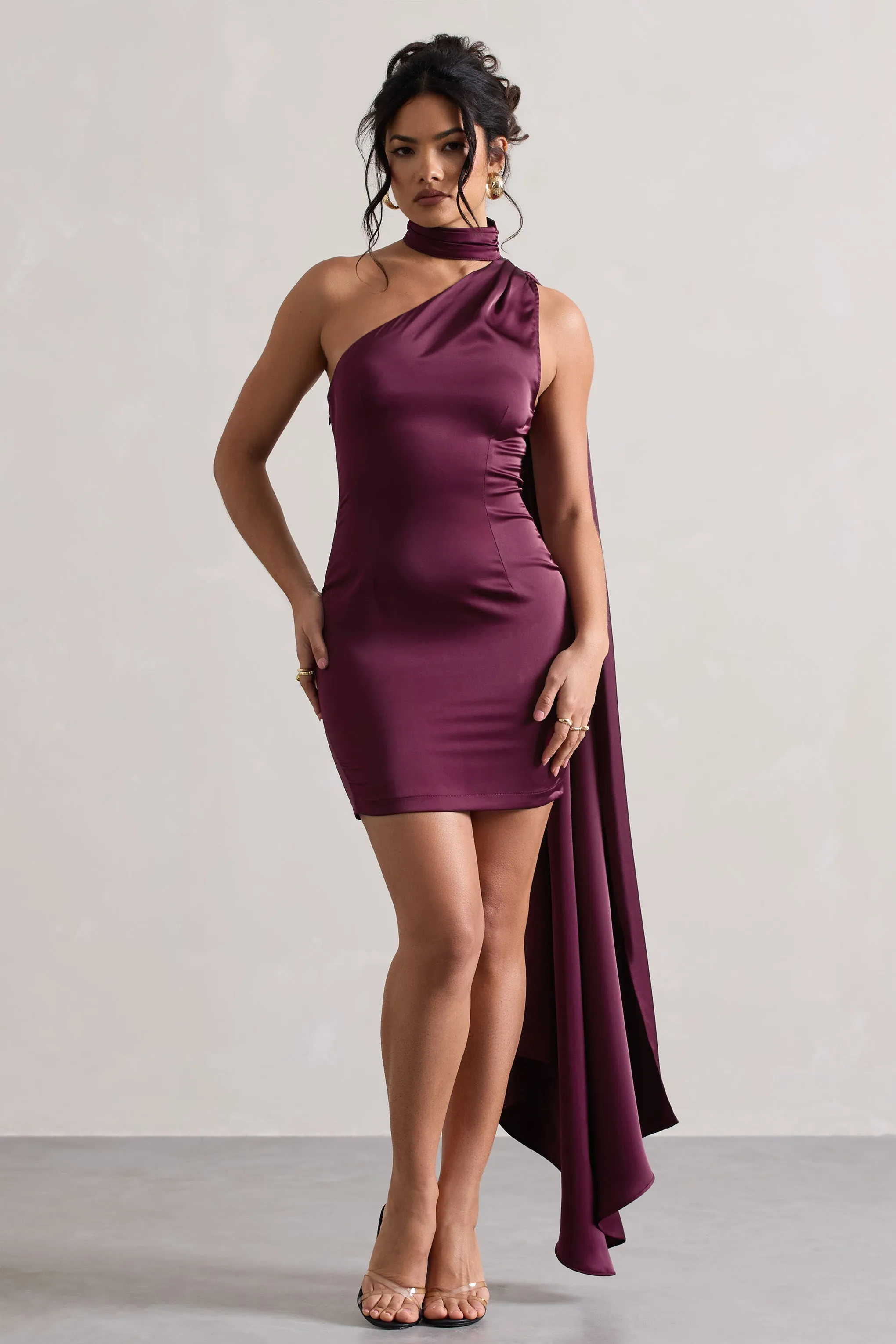 Natalie | Plum Satin One Shoulder Mini Dress With Scarf Detail