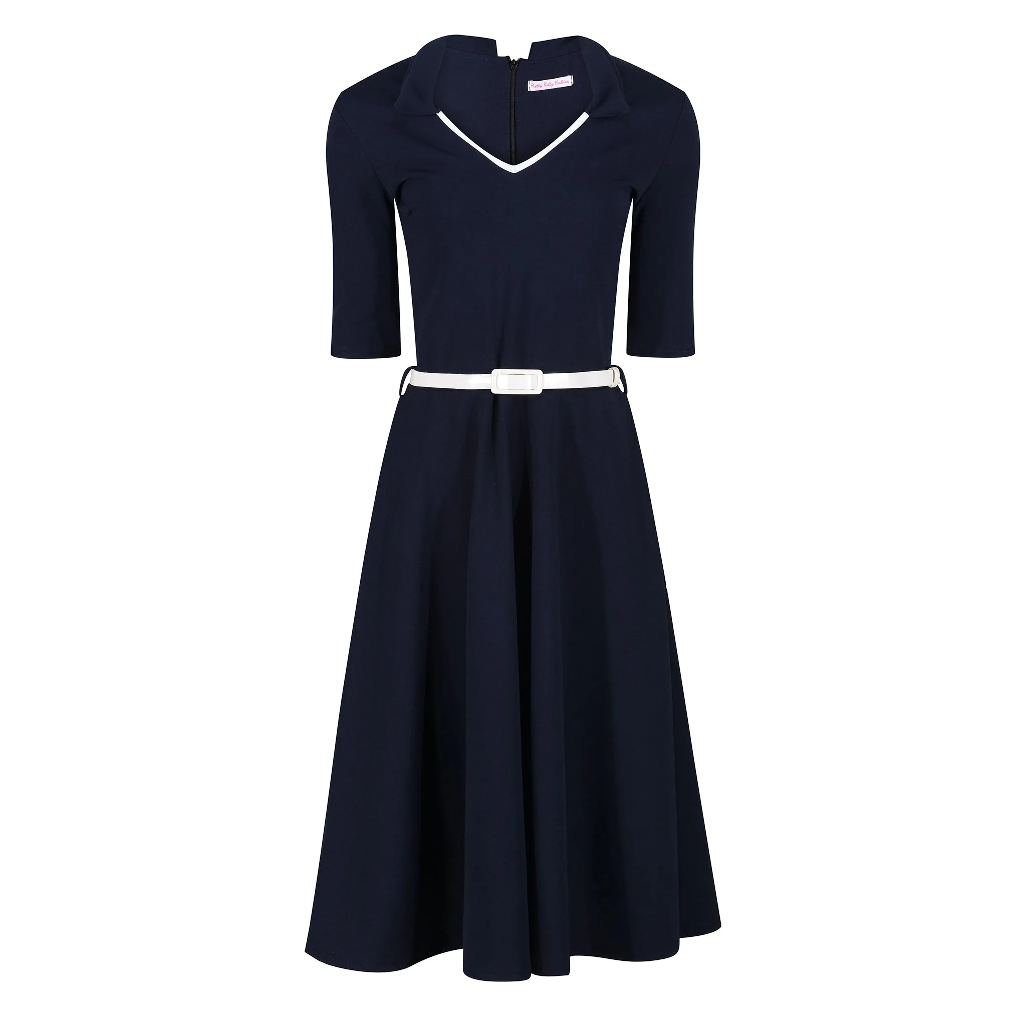 Navy Blue 1/2 Sleeve Nautical Collared Vintage Midi Swing Dress