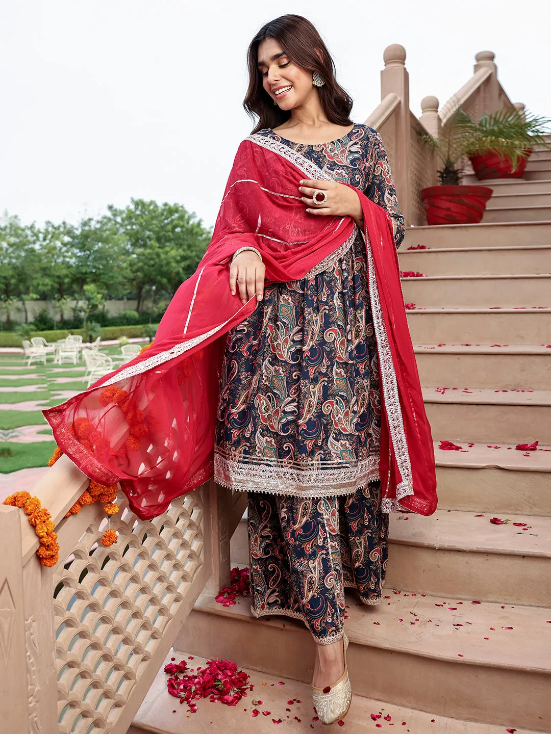 Navy Blue Cotton Ethnic Printed Kurta with Flared Palazzo and Dupatta