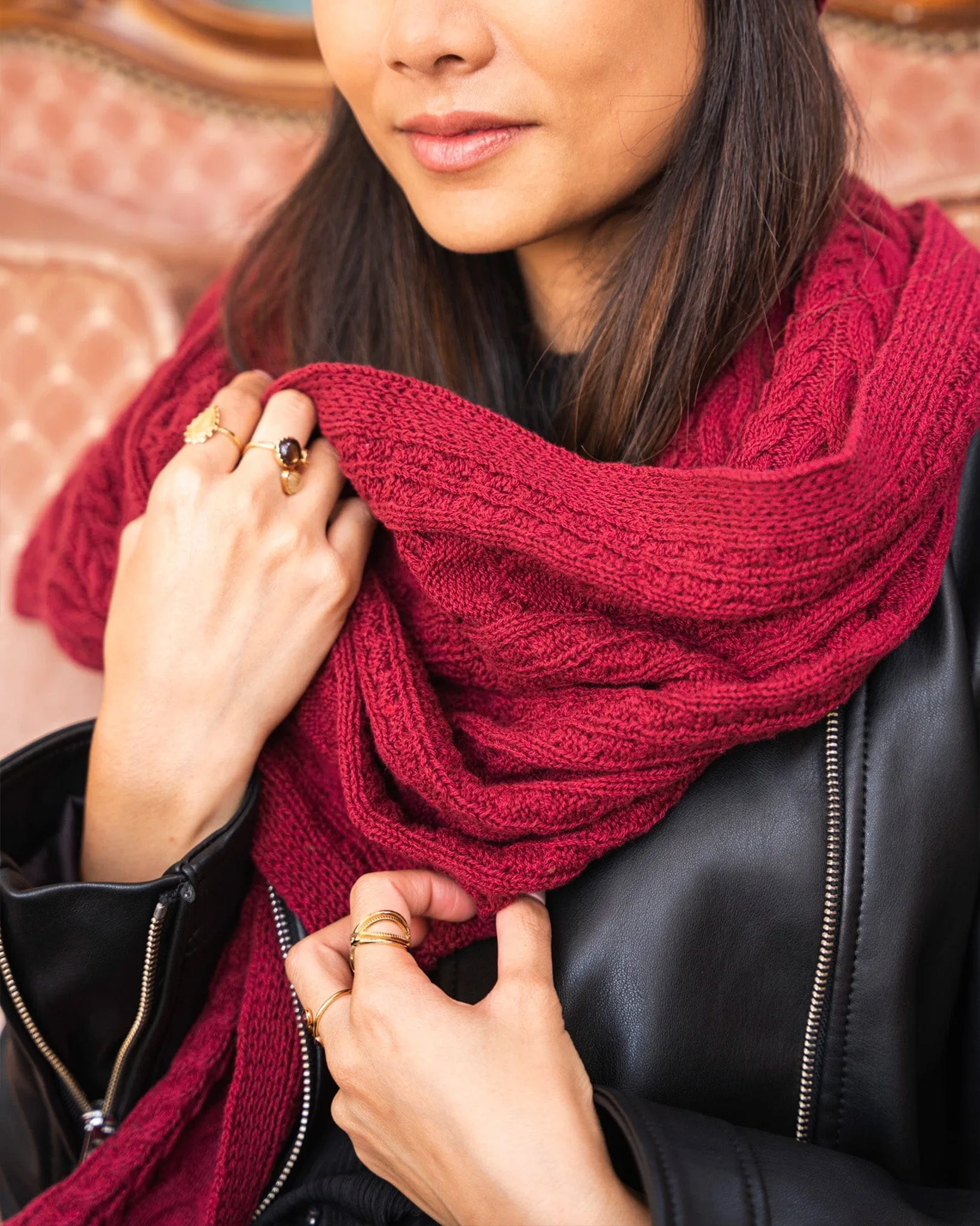 Nebula Recycled Cotton Cable Knit Vegan Scarf | Burgundy