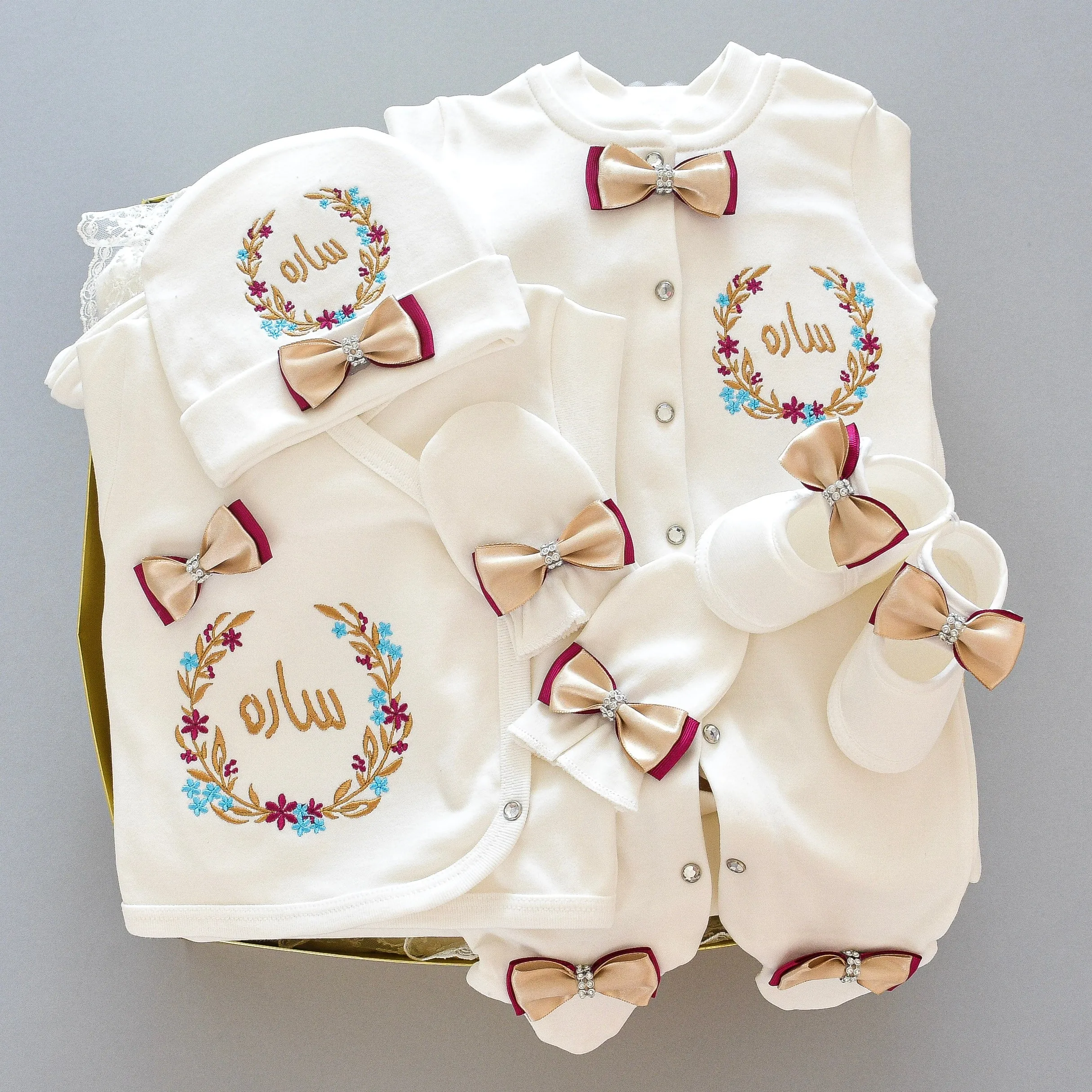 Personalised Baby Coming Home Flower Frame Embroidered Set