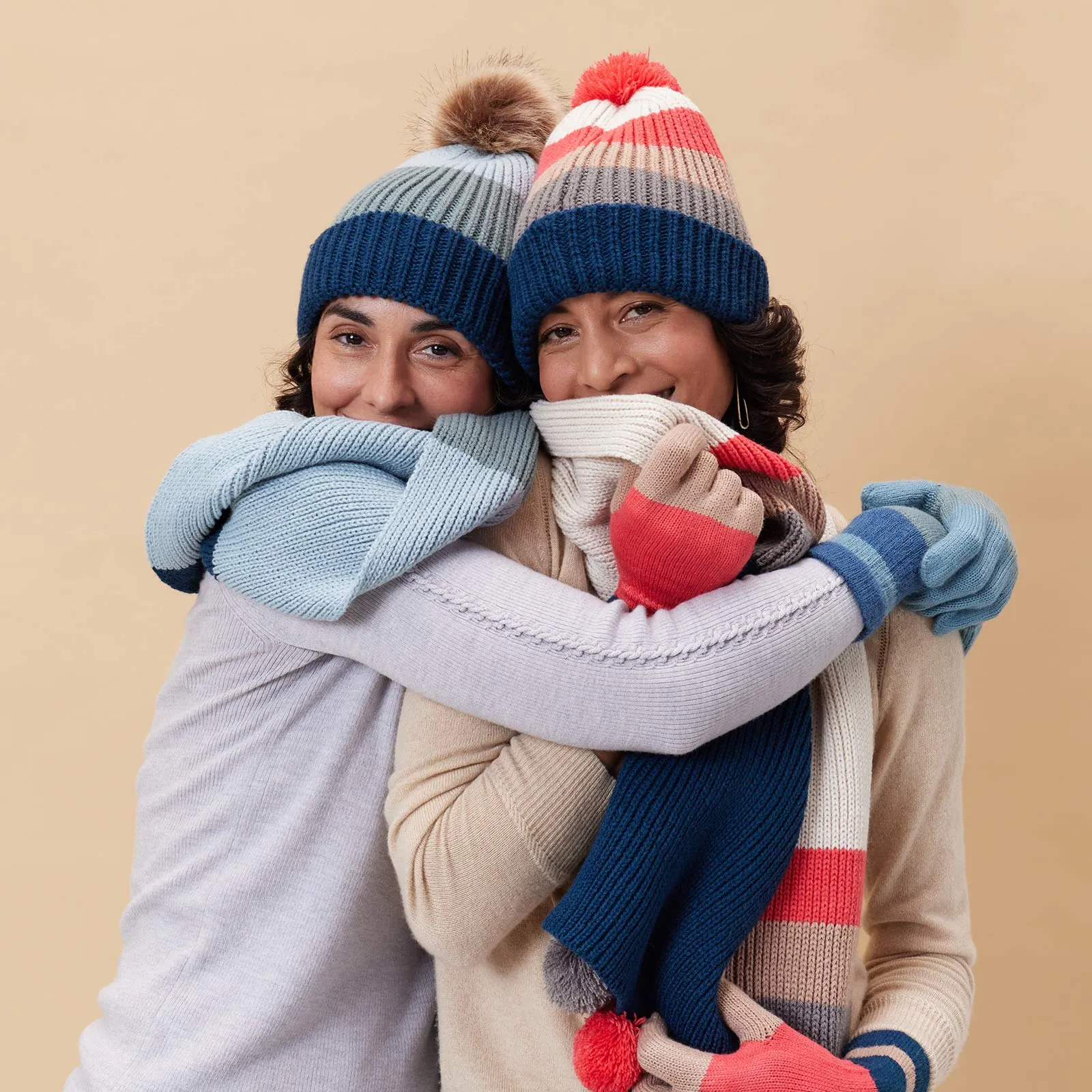 Piccadilly Stripe Pink Tan Knit Pom Pom Scarf