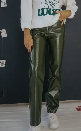 High Rise Olive Vinyl Straight Leg Jeans - Cassie Model