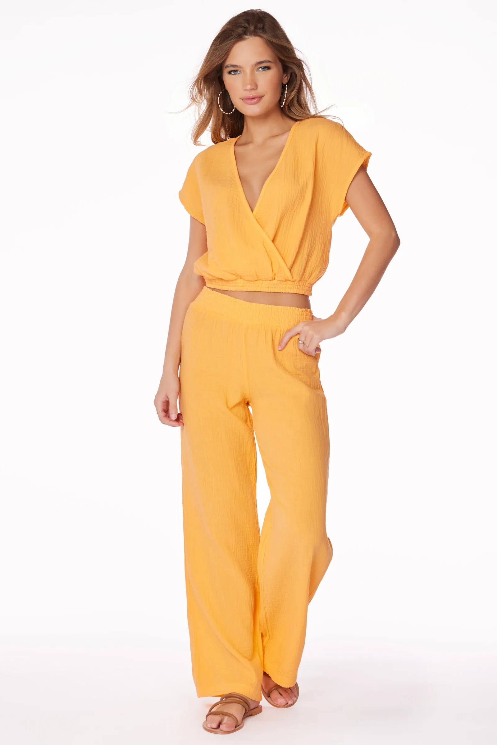 SMOCKED WAIST WIDE LEG PANT