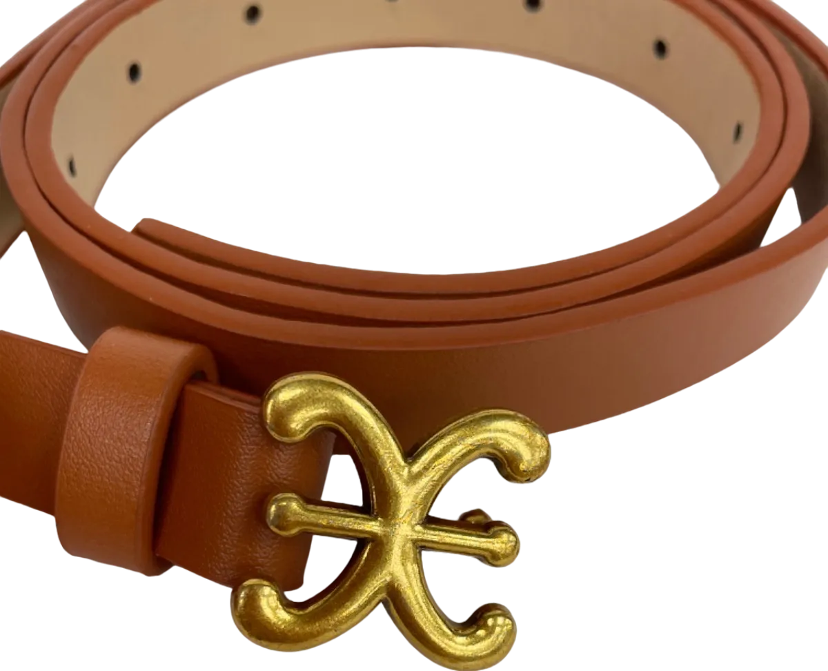 Tan Faux Leather Belt with Gold Buckle UK One Size