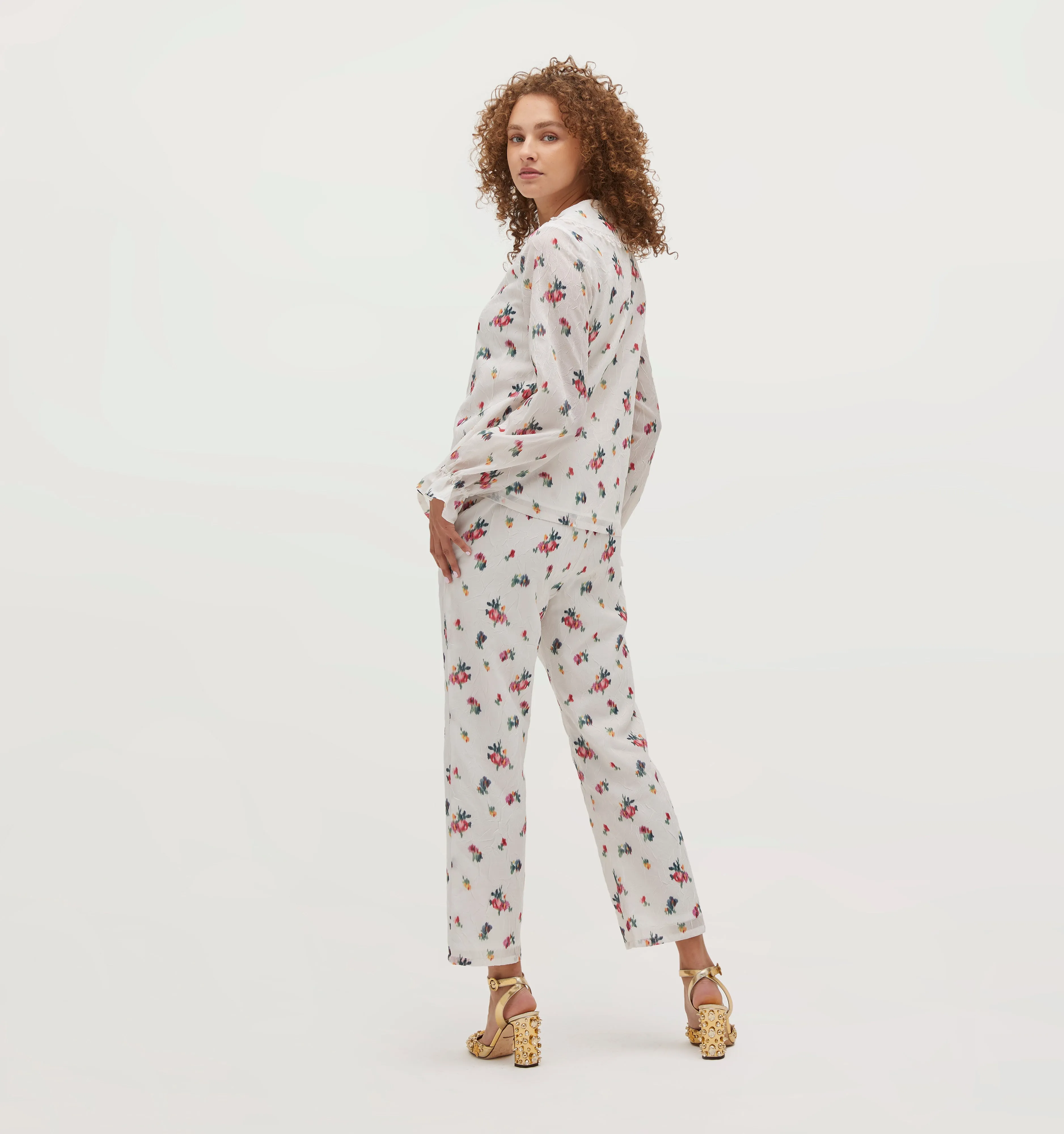 The Going Out Pajama Set - Ivory Ikat Floral Crushed Taffeta